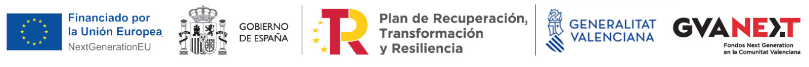 Logotipos de: Unión Europea - NextGenerationEU, Gobierno de España - Plan de Recuperación, Transformación y Resiliencia, y Generalitat Valenciana - GVANEXT.